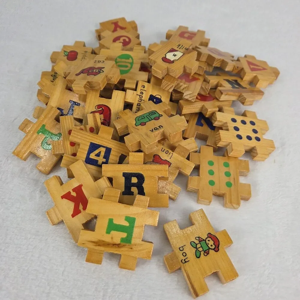 Vintage Wooden Interlocking Alphabet & Number Blocks Set of 36 Educational Toys